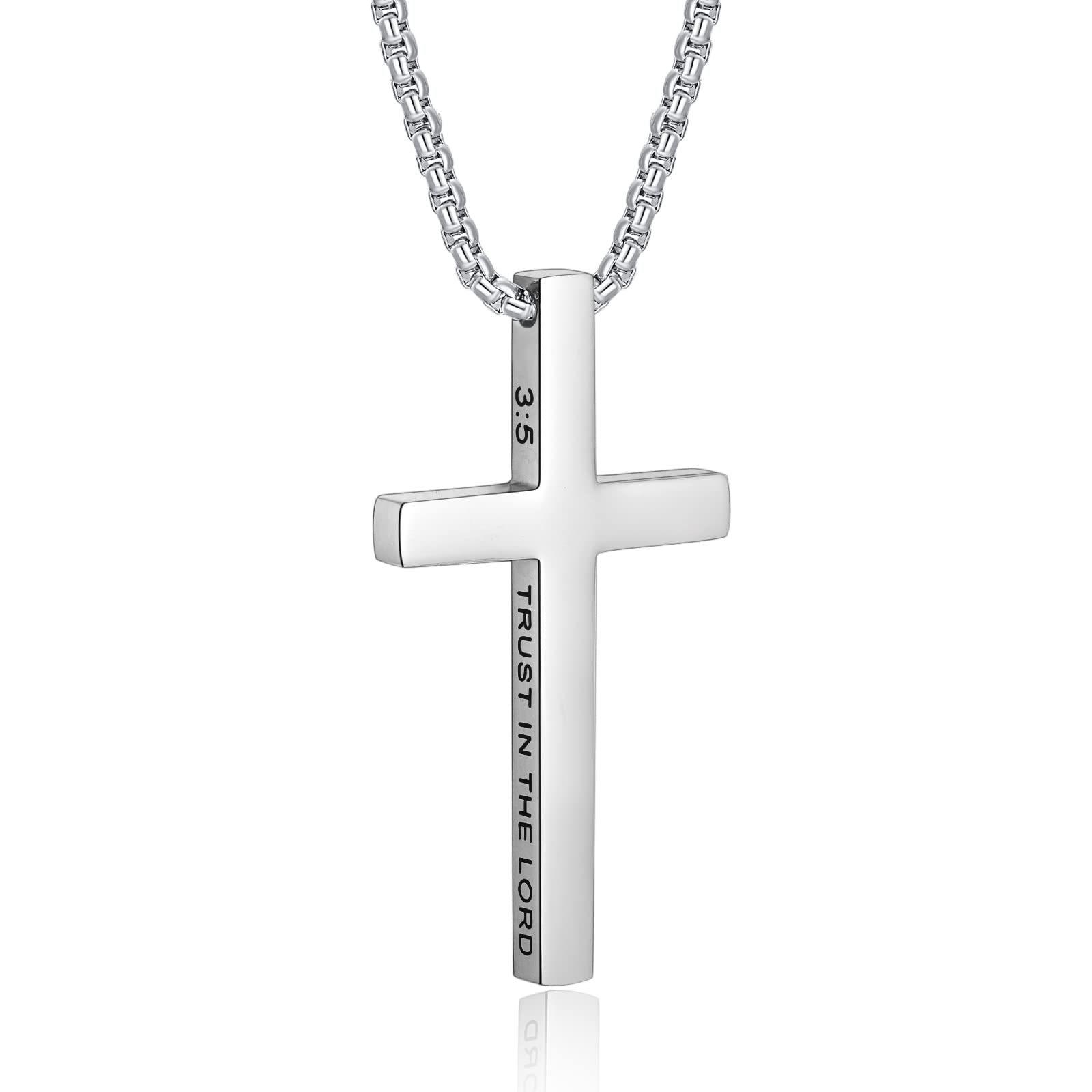Simple Stainless Steel Engraved Inspirational Faith Cross Pendant Necklace 3：5 серебряный
