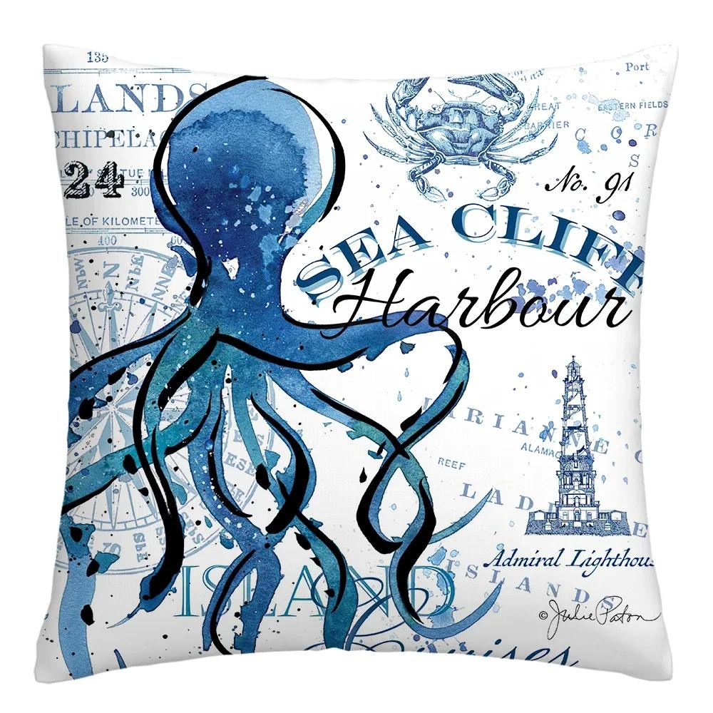 Blue Marine Organism Printed Pattern Polyester Cushion Cover for Home Living Room Sofa Decorative Pillowcase