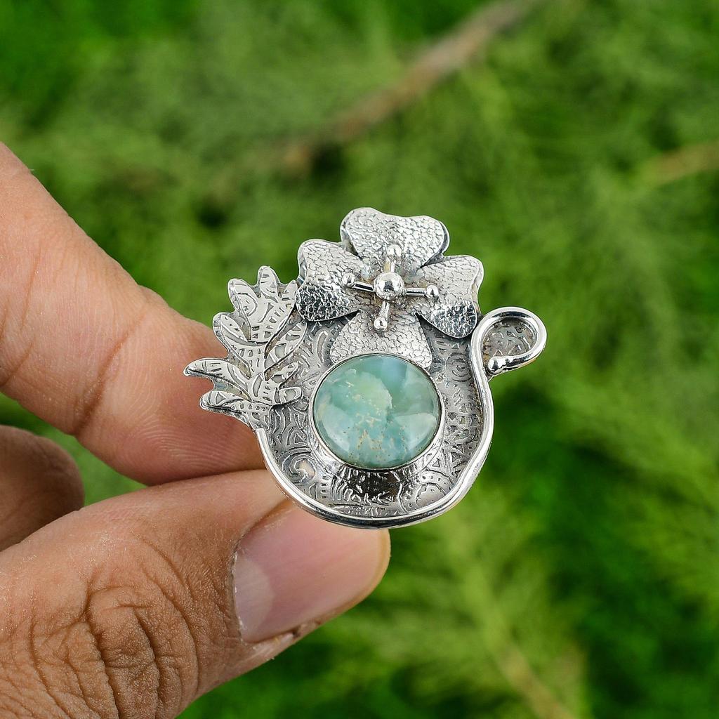 Mothers Day Deal Larimar Gemstone Sterling Silver Promise Flower Ring Jewelry