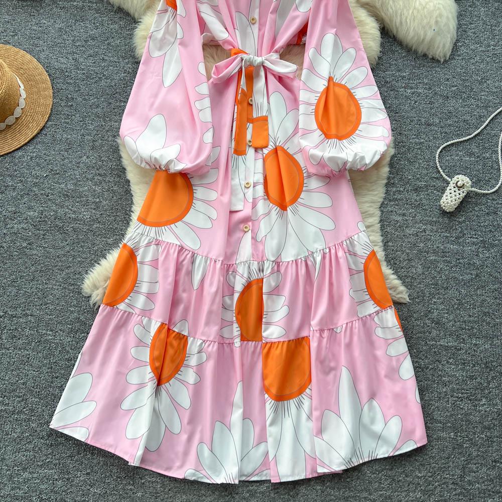Chic Vintage Sexy Buttonn Ruched  Print Slim Elegant Fairy Summer  Korean Fashion Boho Sundress Women Clothing Long Dress