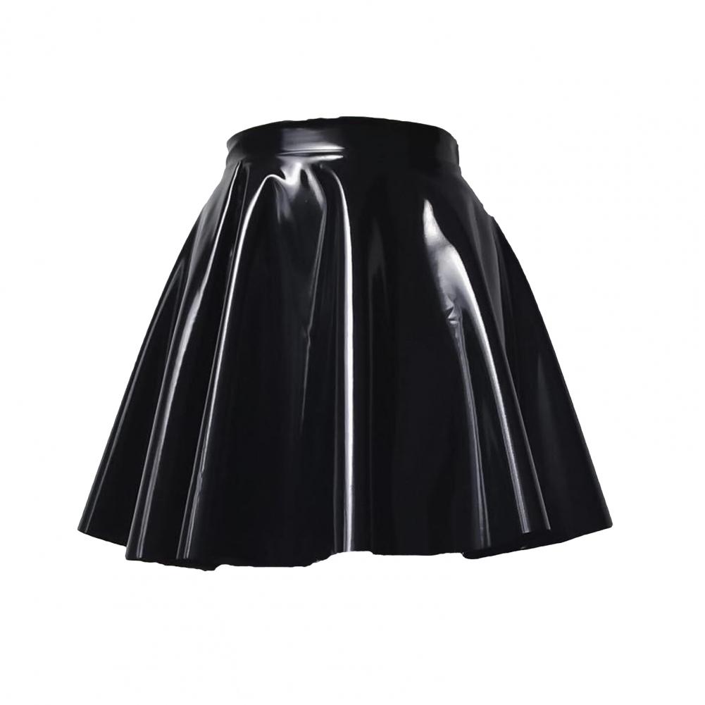 Women Mini Skirt High Waist Mirror Glossy Surface Short Skirt Faux Leather Solid Color Performance Skater Skirt