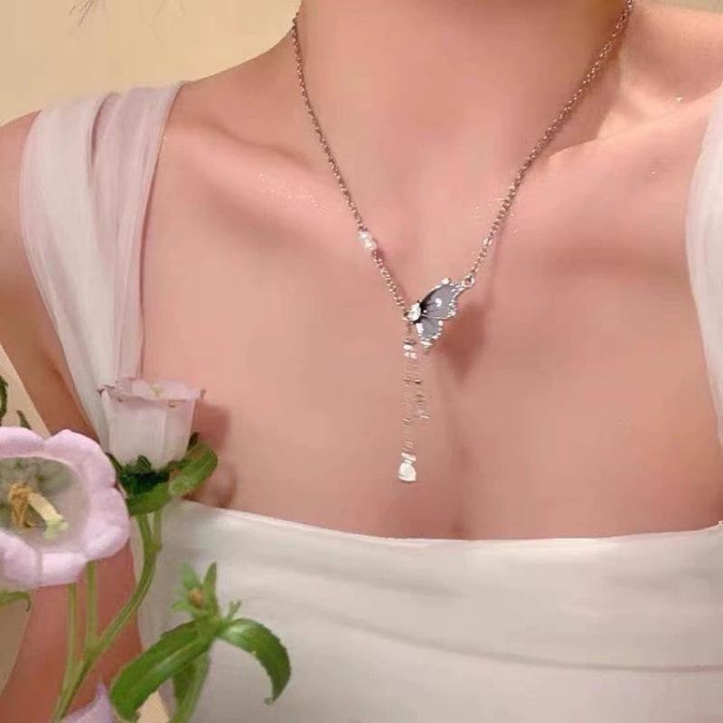"Dream Butterfly" Butterfly Tassel Zircon Necklace Women's Niche Unique Design Clavicle Chain Cold Wind Premium Accessories