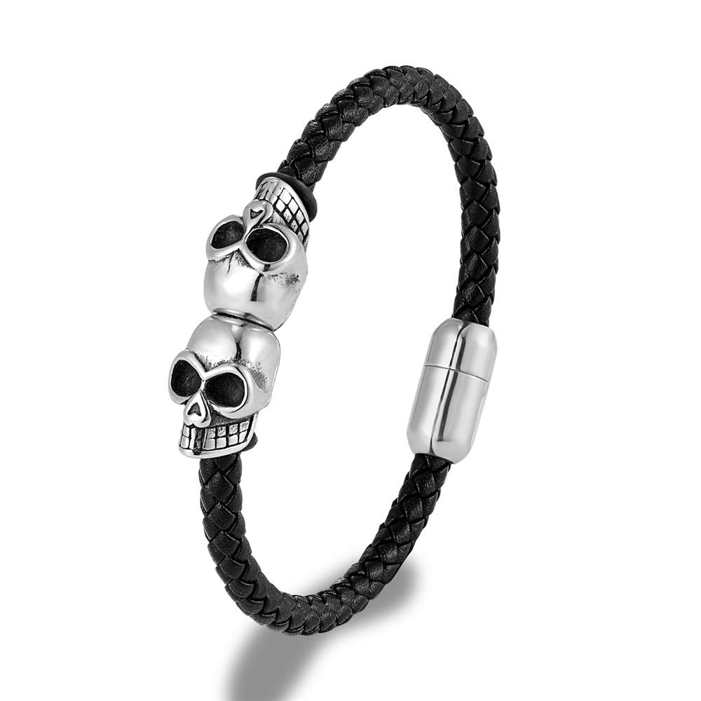 Férfi Fekete Fonott Bőr Koponya Karkötő Rozsdamentes Acél Ikrek Koponya Fejek Gótikus Punk Rock Ékszer 19cm gray