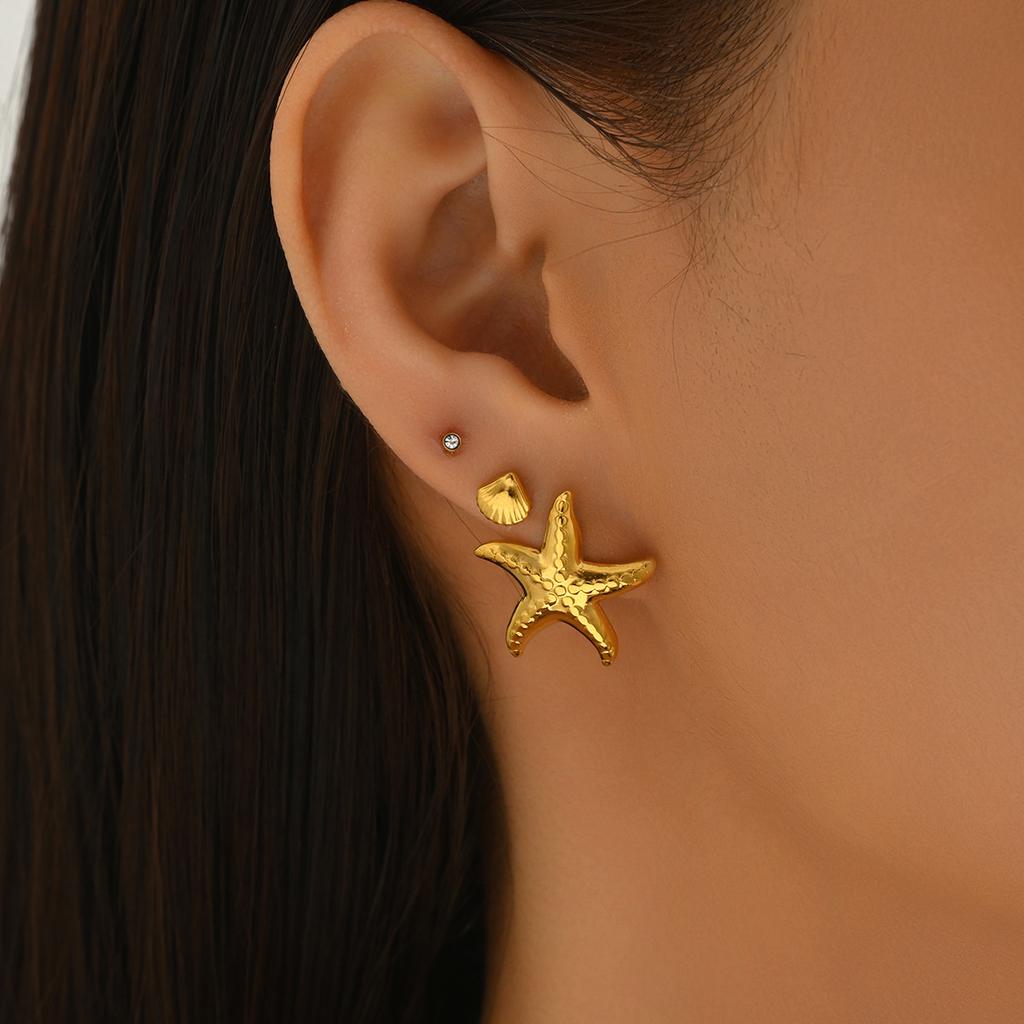 Beach Wind Women's Earrings Set Geometric Starfish Shell Diamond Design Stud Earrings Versatile Earrings