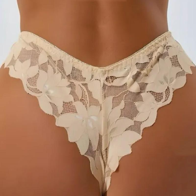 Women's Solid Floral Lace Thong Underwear Sexy Transparent Mesh Low Waist Panties for Ladies Plus Size Breathable Comfortable Briefs