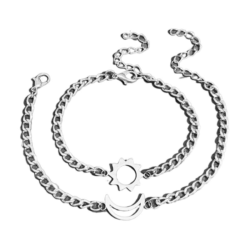 2Pcs/set Stainless Steel Simple Hollow Love Sun Moon Chain Bracelets Temperament Ins Chain Ladies Couple Card Bracelet