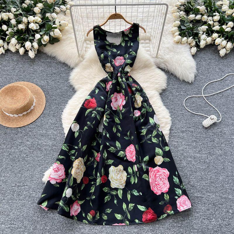 

French style High end Temperament One piece Dress Women 2025 Summer Waist Hugging Slimming Sleeveless Print Big Hemline Puffy Guest dresses Black green leaf XL