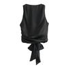 Women Summer Vest Round Neck Sleeveless Backless Smooth Satin Texture Vest Top with Bow Tie Closure Tank Tops