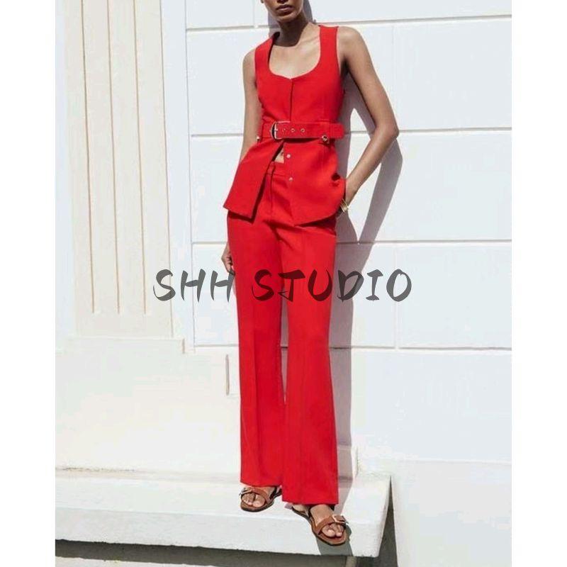 Autumn New Women suit French style Ol Casual With Belt round Neck Sleeveless Vest Mid Waist Flared Trousers