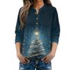 Women's Fashionable Button Collar Long-sleeved Christmas Print Pullover Top