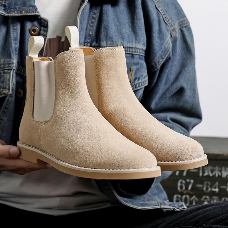 England Style Mens Casual Chelsea Boots Black Beige Cow Suede Leather Shoes Cowboy Ankle Boot Breathable Handsome Short Botas