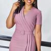 Damen Formell Plissiert V-Ausschnitt Kurzarm Etuikleid Schlanke Passform Enge Taille Business Sommer Bürokleid Unifarben