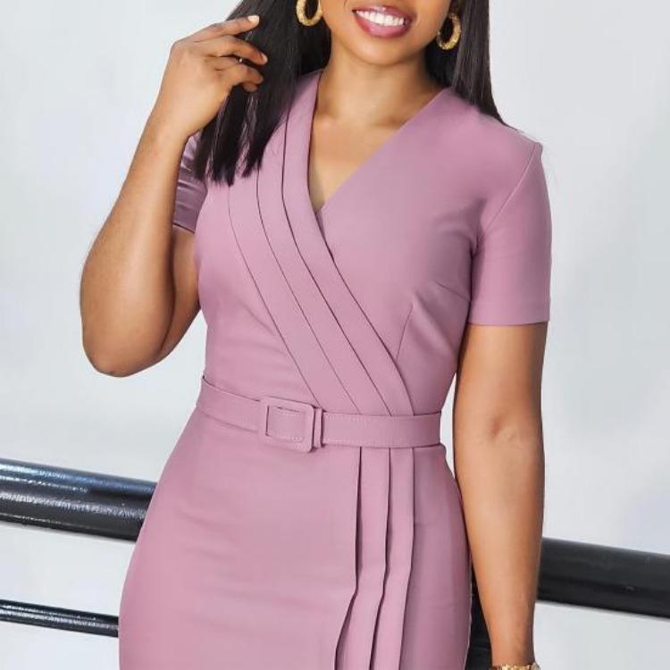 Damen Formell Plissiert V-Ausschnitt Kurzarm Etuikleid Schlanke Passform Enge Taille Business Sommer Bürokleid Unifarben