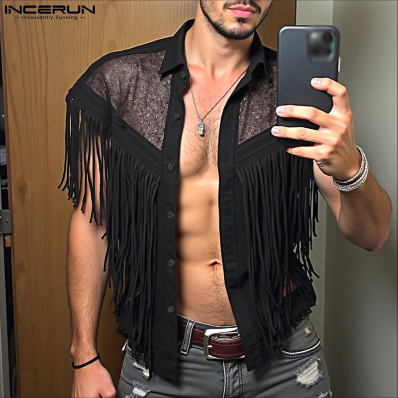 INCERUN Men Short Sleeve Glitter Tassel Patchwork Buttons Casual Tops T-shirts