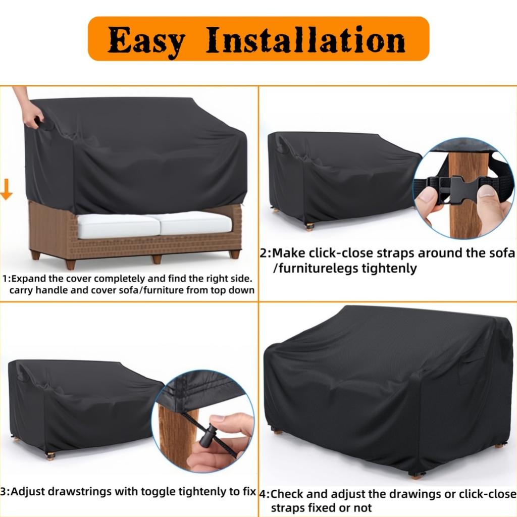 2/3 Seater Patio Sofa Cover | Black 210D Oxford Fabric with Handles and Bottom Drawstring, All Season Protective Cover for Garden,