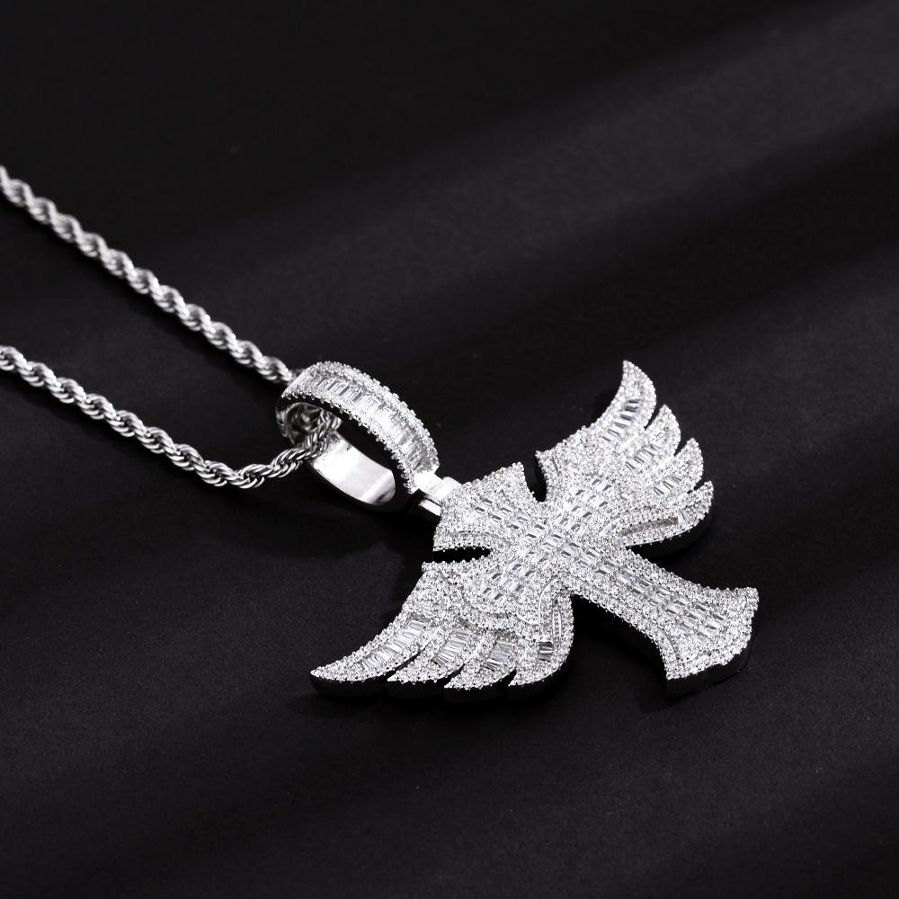 Angel Wings Cross Diamond Pendant Fashion Personality Trendy Men Zircon Jewelry Hip Hop Twist Chain