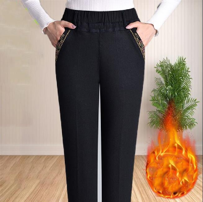 

Осень и Зима Модели Плюс Сайз Утепленные Женские Однотонные Тонкие С Высокой Посадкой Прямые Эластичные Джинсы Повседневные Брюки 5XL