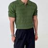 Men Top Turn-down Collar V Neck Jacquard Knitted Solid Color Short Sleeves Loose Stretchy