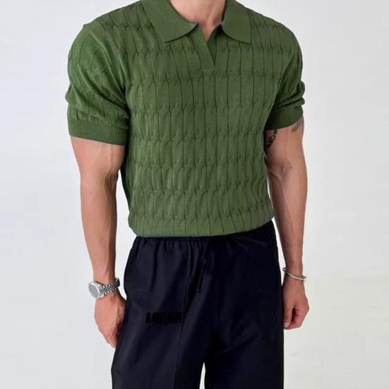 Men Top Turn-down Collar V Neck Jacquard Knitted Solid Color Short Sleeves Loose Stretchy