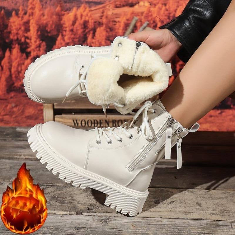 Fashion Women Boots Thick Warm Long Plush Ankle Boots Women Winter Lace Up Leather Motorcycle Boots Plus Size Comfortable Shoes Women