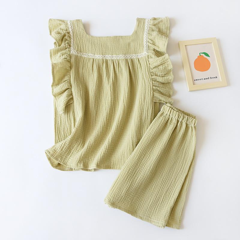 Summer New Women's Pajamas Short-sleeved Shorts Two-piece Set 100% Cotton Crepe Vest + Shorts Sweet Home Clothes Two-piece Set