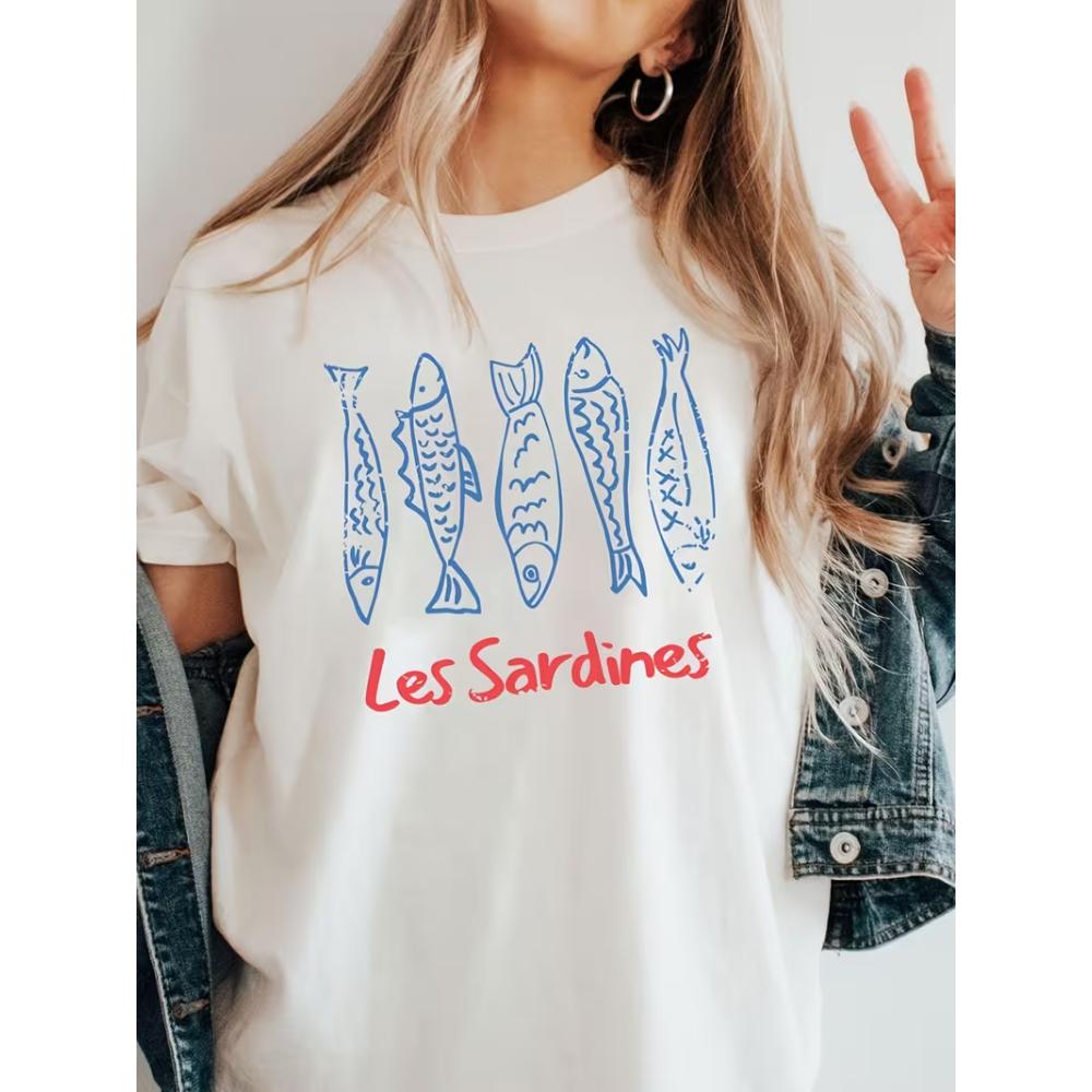 Women's Sardines Fish Retro Graphic T-Shirt - Short Sleeve Crew Neck Casual Summer Top  Print for Beach Outfits & Casual Attire