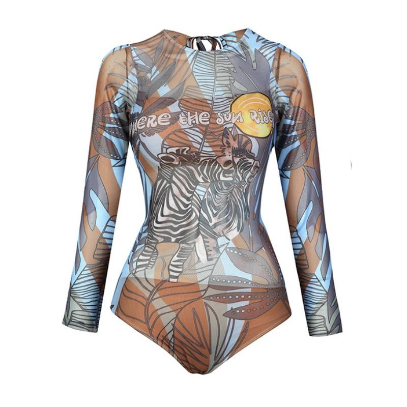 New One-piece Swimsuit Women's Long-sleeved Tight-fitting High-elastic and Thin Sexy Gauze Skirt European and American Spot Women's Swimwear