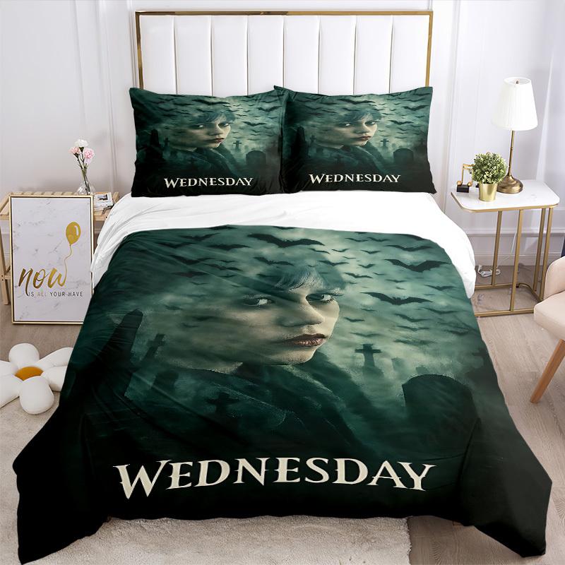 3-teiliges WEDNESDAY Addams Bettwäsche-Set, 1 Bettbezug + 2 Kissenbezüge (Kein Einsatz), Hochauflösender Druck, Set für Zuhause & Wohnheim yy251208062
