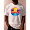 European Sizes 1pc Men's T-Shirt - Tropical Palm Tree & Sunset Print Short Sleeve Round Neck Casual Tee with Hawaiian Surf Vibes