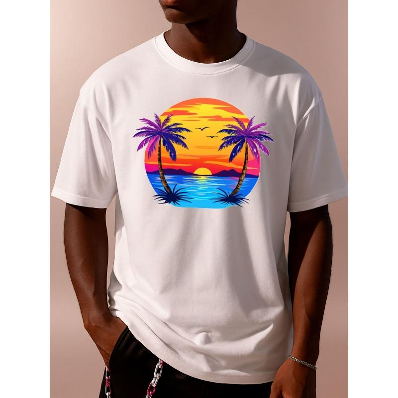 

European sizes 1pc Men s T-Shirt - Tropical Palm Tree & Sunset Print Short Sleeve Round Neck Casual Tee with Hawaiian Surf Vibes 4XL