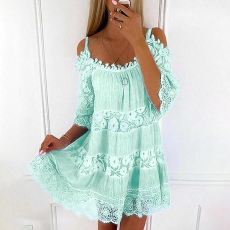 Sommer Strandkleid Cold Shoulder Minikleid Damen Stickerei Häkelspitze Rundhalsausschnitt Halbe Ärmel Lockerer Schnitt Mittlere Taille