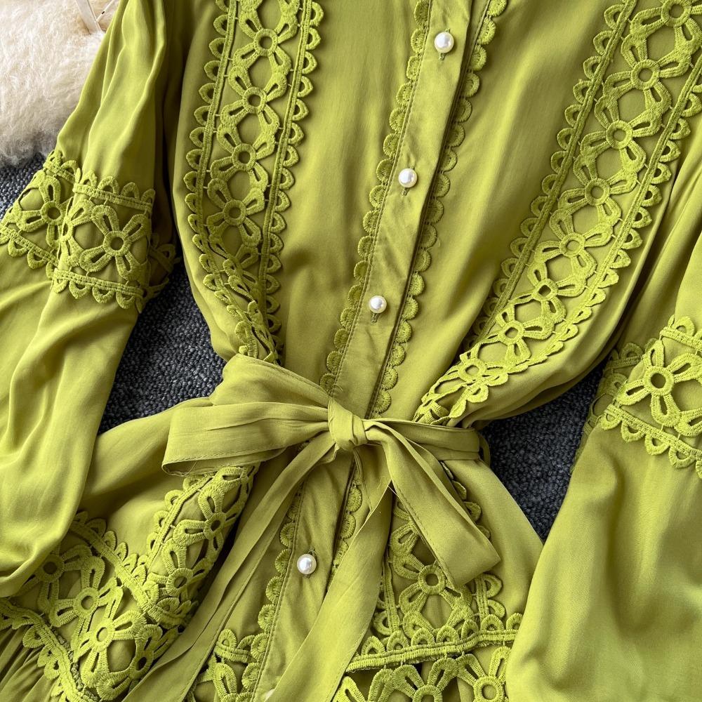 Harajuku Stand Collar Lantern Sleeve Lace Mujer Lace Up Mid-length French Style Dresses Patchwork Hollow Out Robe