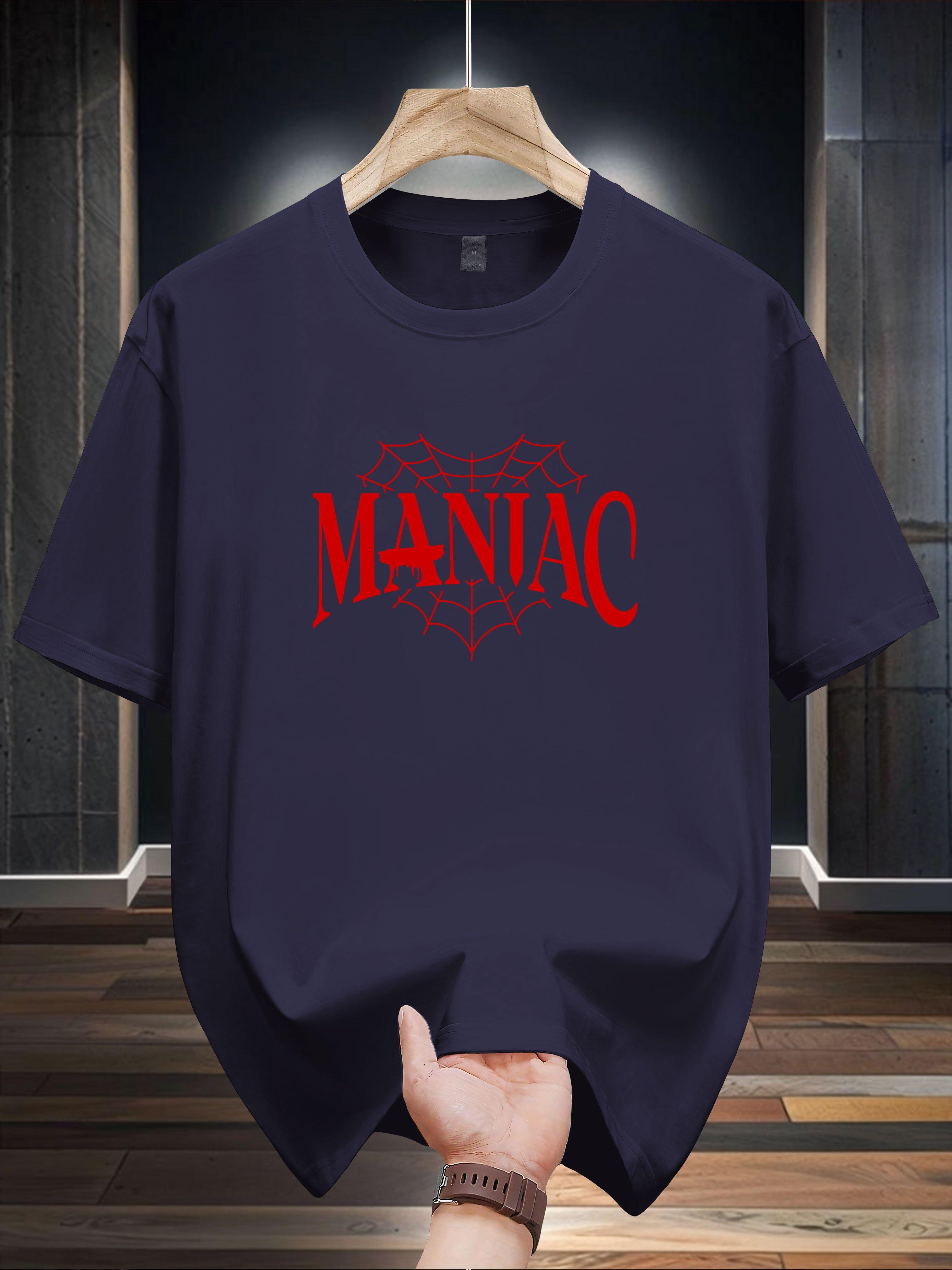 

Niuwang Selection 200g 100% Cotton Short Sleeve T-shirt - Casual Regular Fit Round Neck Graphic Print Tee with Spider Web & Red MANIAC Design XXXL