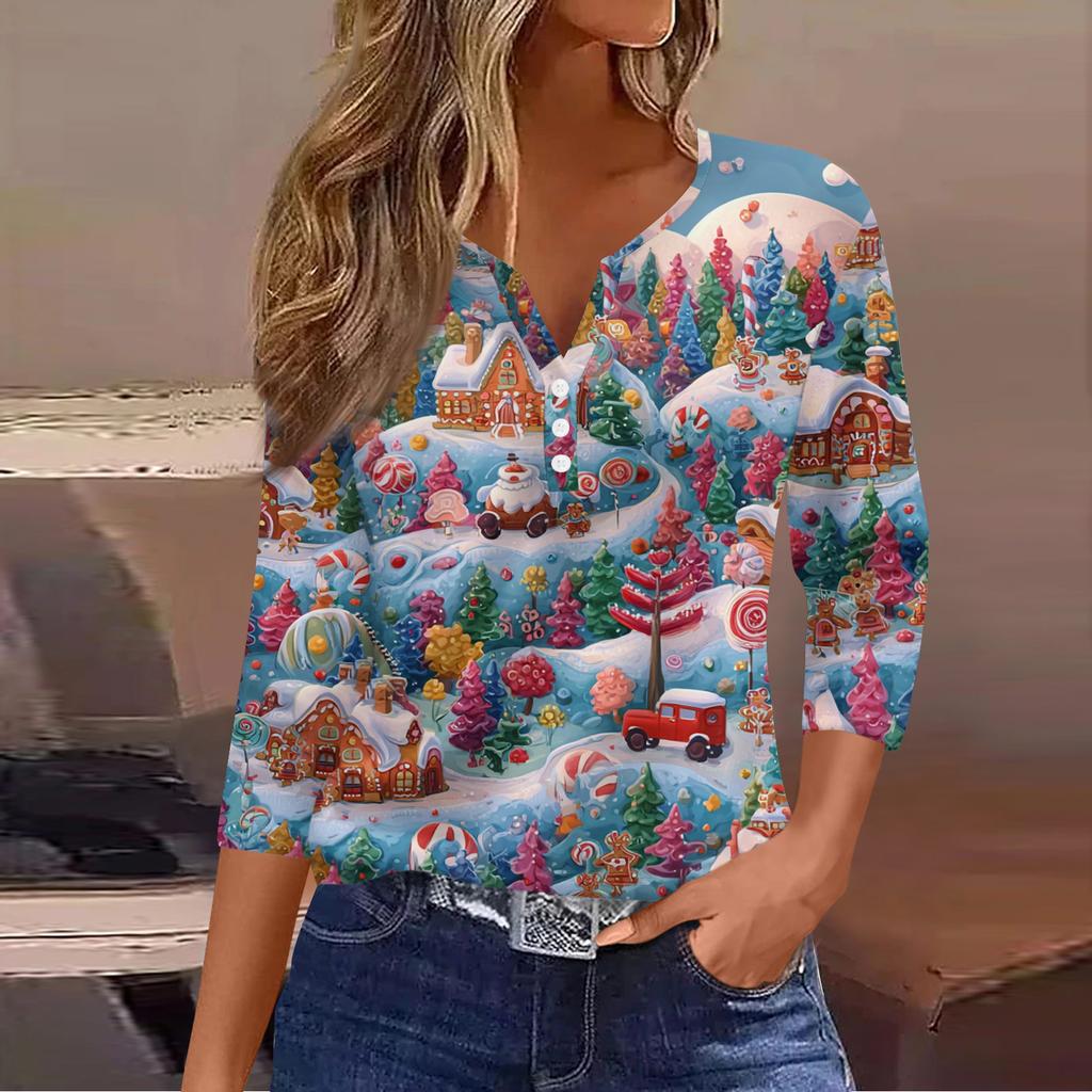 Women's Casual Fashion V-neck Loose Versatile Christmas Print Three-quarter Sleeve Top
