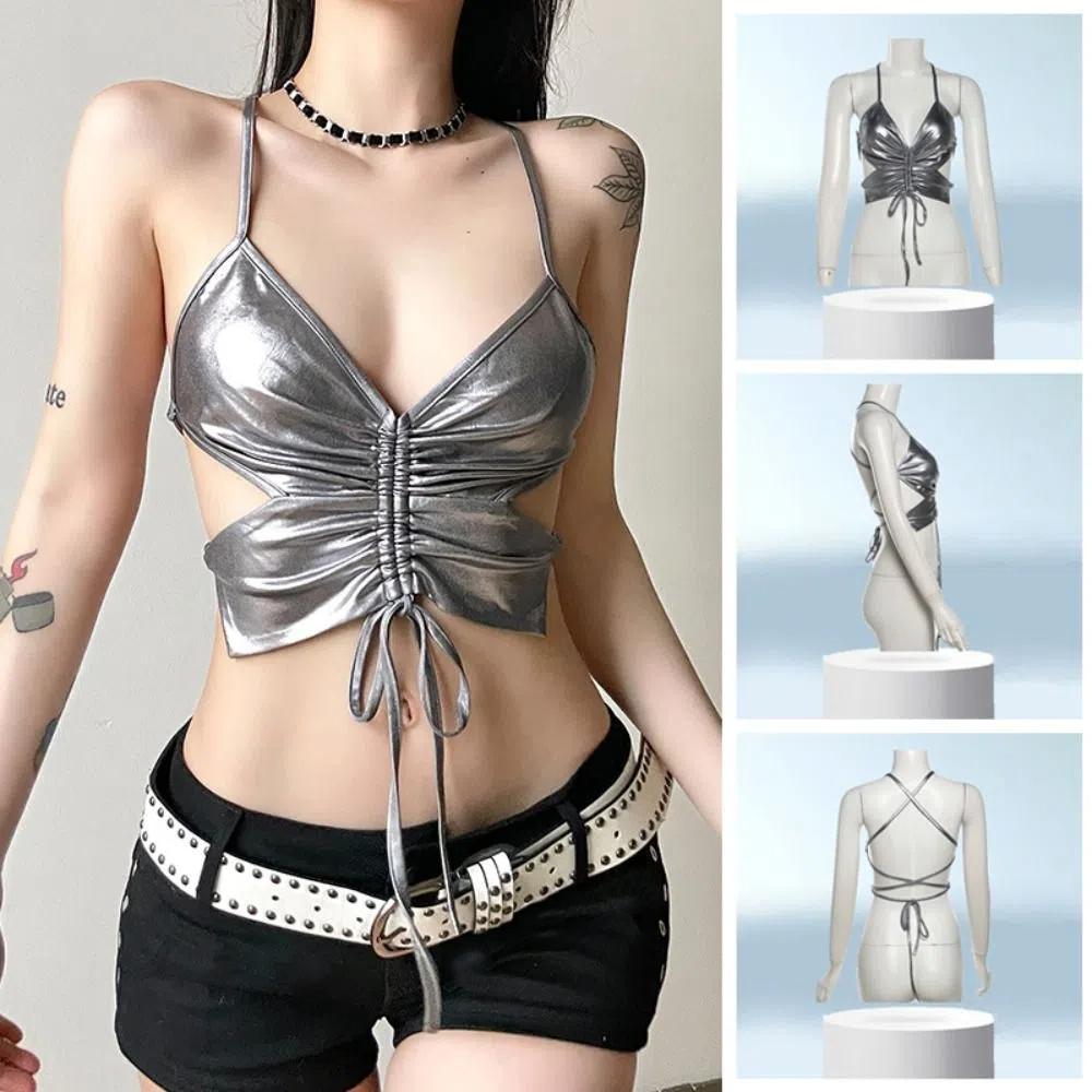 Glossy Punk Butterfly Vest Sleeveless Neck Halter Top Personality Y2K Slim Crop Tops  Female Girl