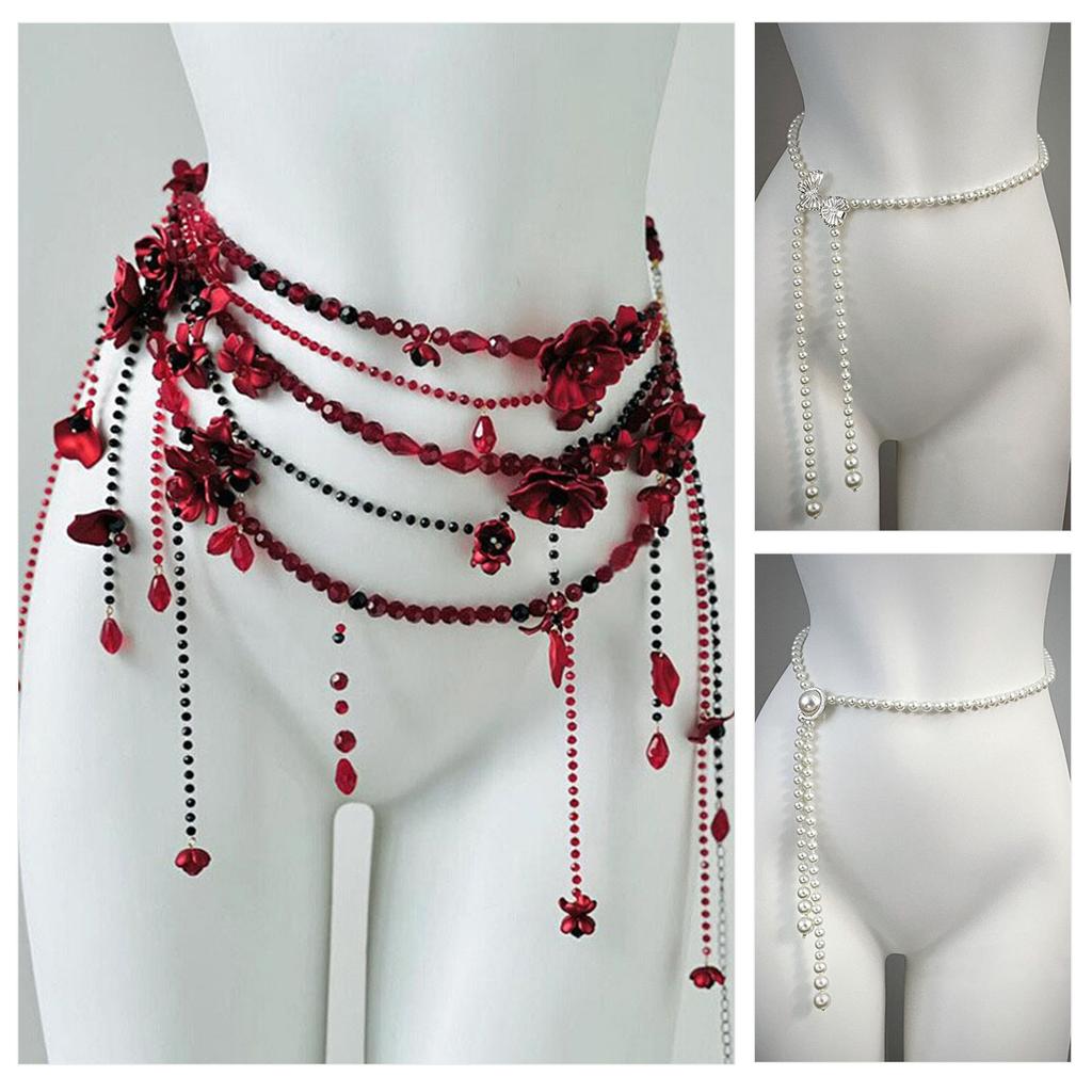 Heavy Duty Waist Belt Stylish for Stage Dance Music Festival Jeans Dress Belt Body Jewelry Chain Pearls Belly Dance