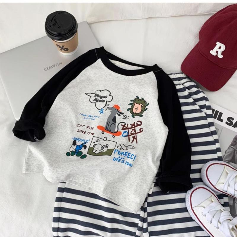 Kids Cotton Long Sleeve T Shirt Spring Autumn Cartoon Patchwork Top Casual Base Layer For Boys And Girls