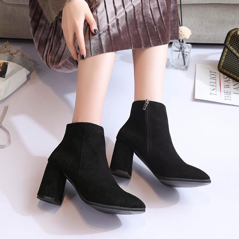 Women's Autumn Solid Color Side Zipper Chunky Heeled Boots