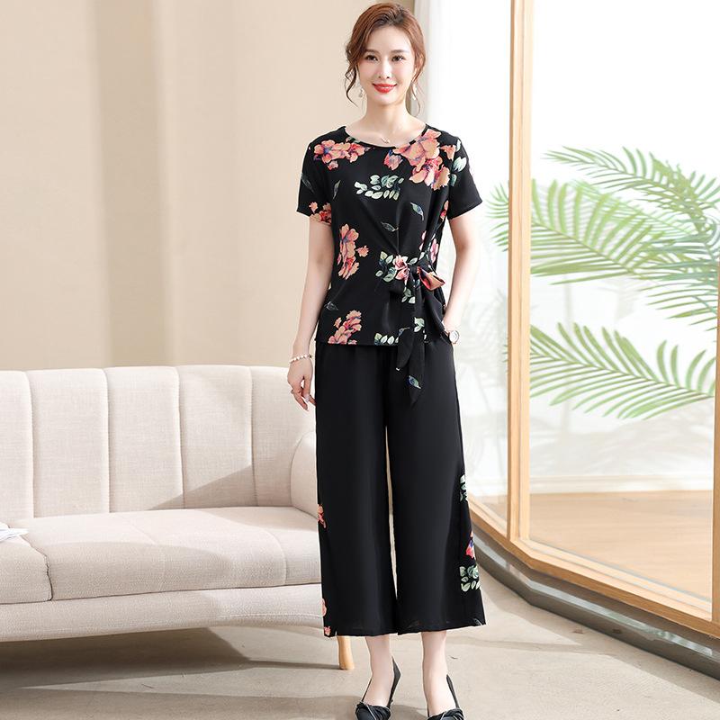 

Модный комплект из двух предметов, женская футболка с коротким рукавом с принтом, топ и брюки, костюм, женские брючные костюмы для мам среднего возраста XXL чёрный