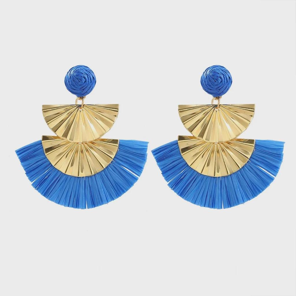European-American Retro Fan-Shaped Raffia Earrings with Metal Leaf Design - Handmade Hair Accessories