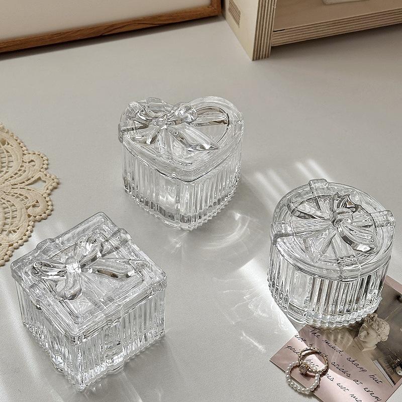 Heart Shape Clear Glass Jewelry Box with Bow, European Vintage Relief Decorative Organizer for Home Vanity