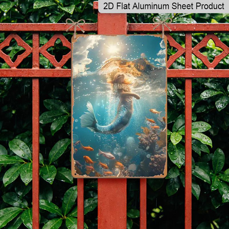 2D Flat, 1pc 7.87*11.8 Inch Vintage Mermaid & Sea Life Aluminum Sign - Enchanting Underwater Scene with Iridescent Wings, Shimmering Scales & Fish