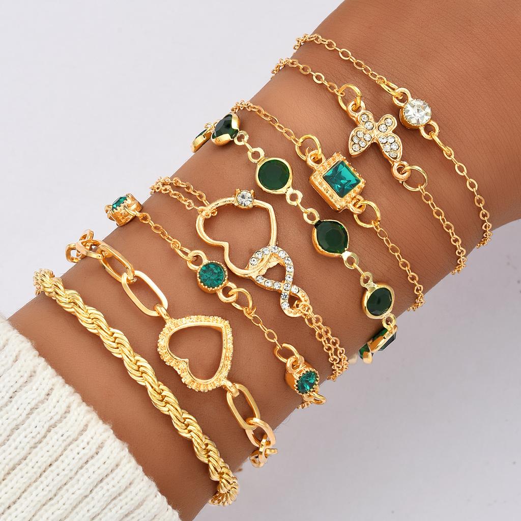 5 Stück Vintage Herz Grüner Kristall Armband Set für Damen Mode Hübsch Schmetterling Strass Unendlichkeit Geometrisch Armbänder Schmuck