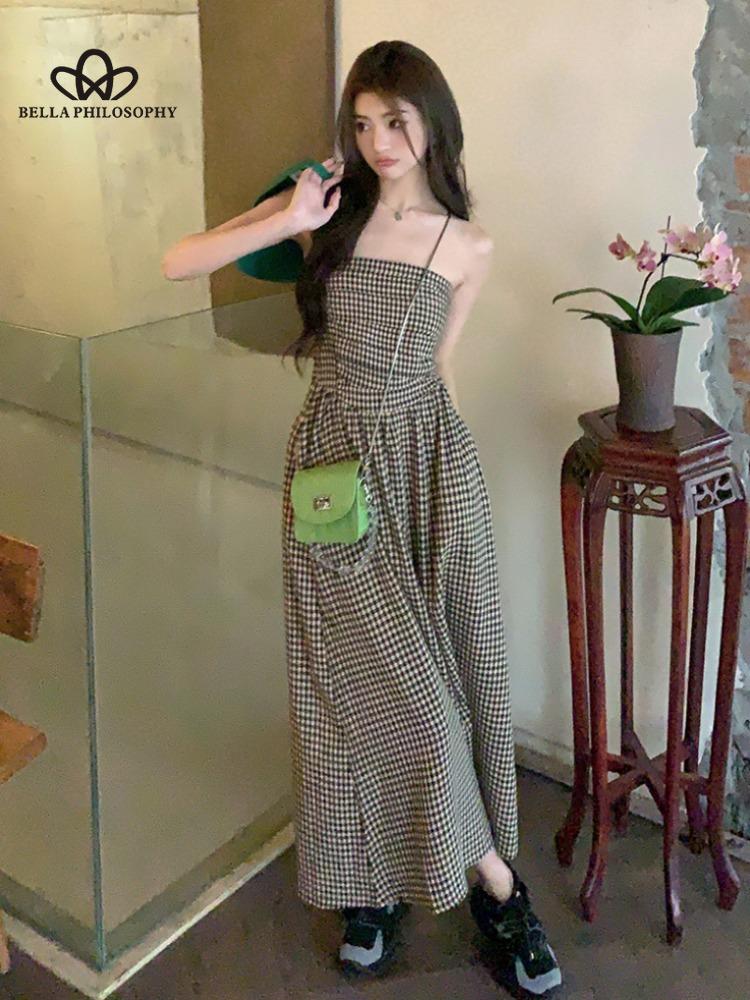 Letní nové kostkované bez ramínek Středně dlouhé úzké elegantní šaty pro ženy Ležérní elegantní plážové párty dlouhé šaty