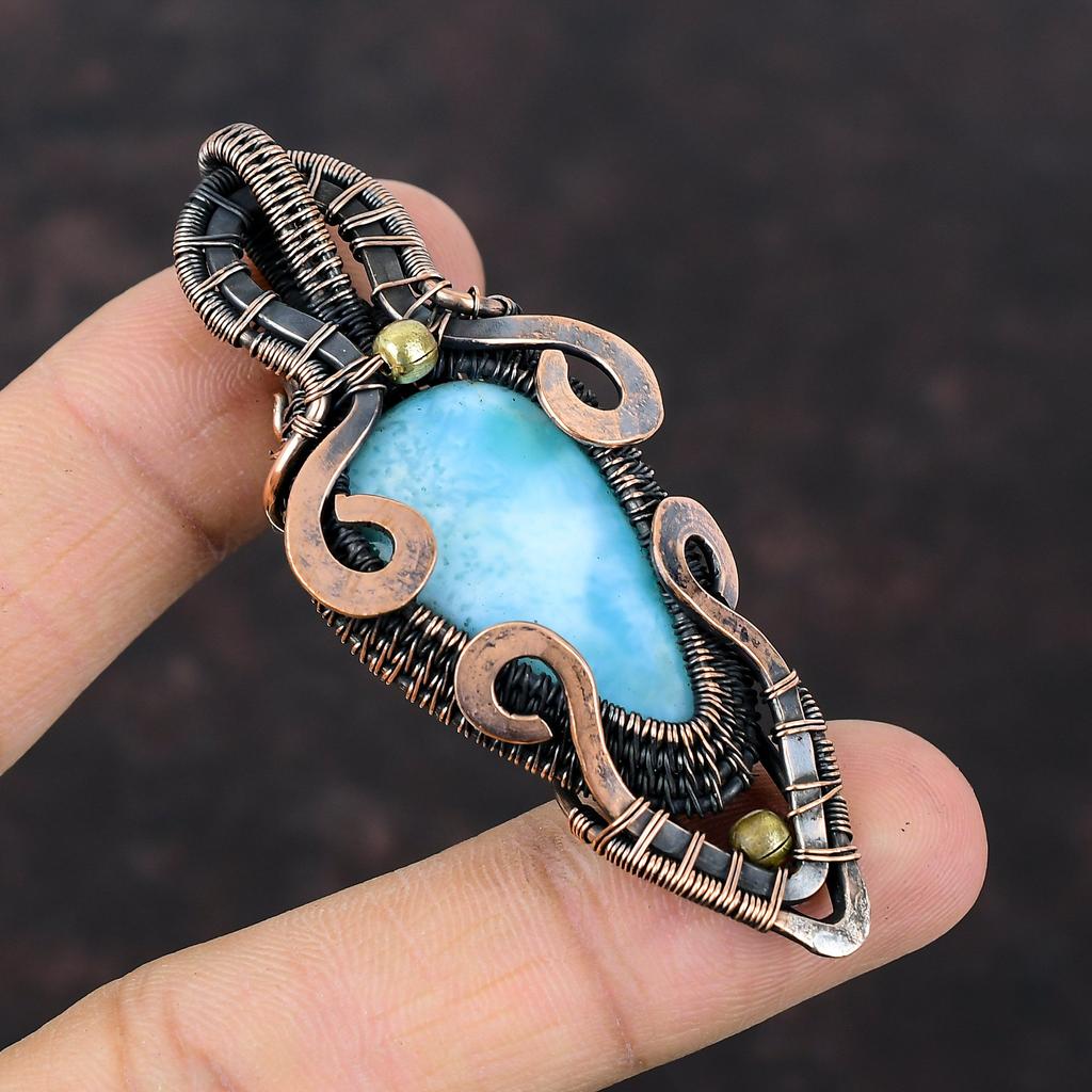 Larimar Pendant Copper Wire Wrapped Jewelry Natural Gemstone Pendant Handmade Wire Wrap Pendant Larimar Jewelry Copper Pendant Wedding Gift