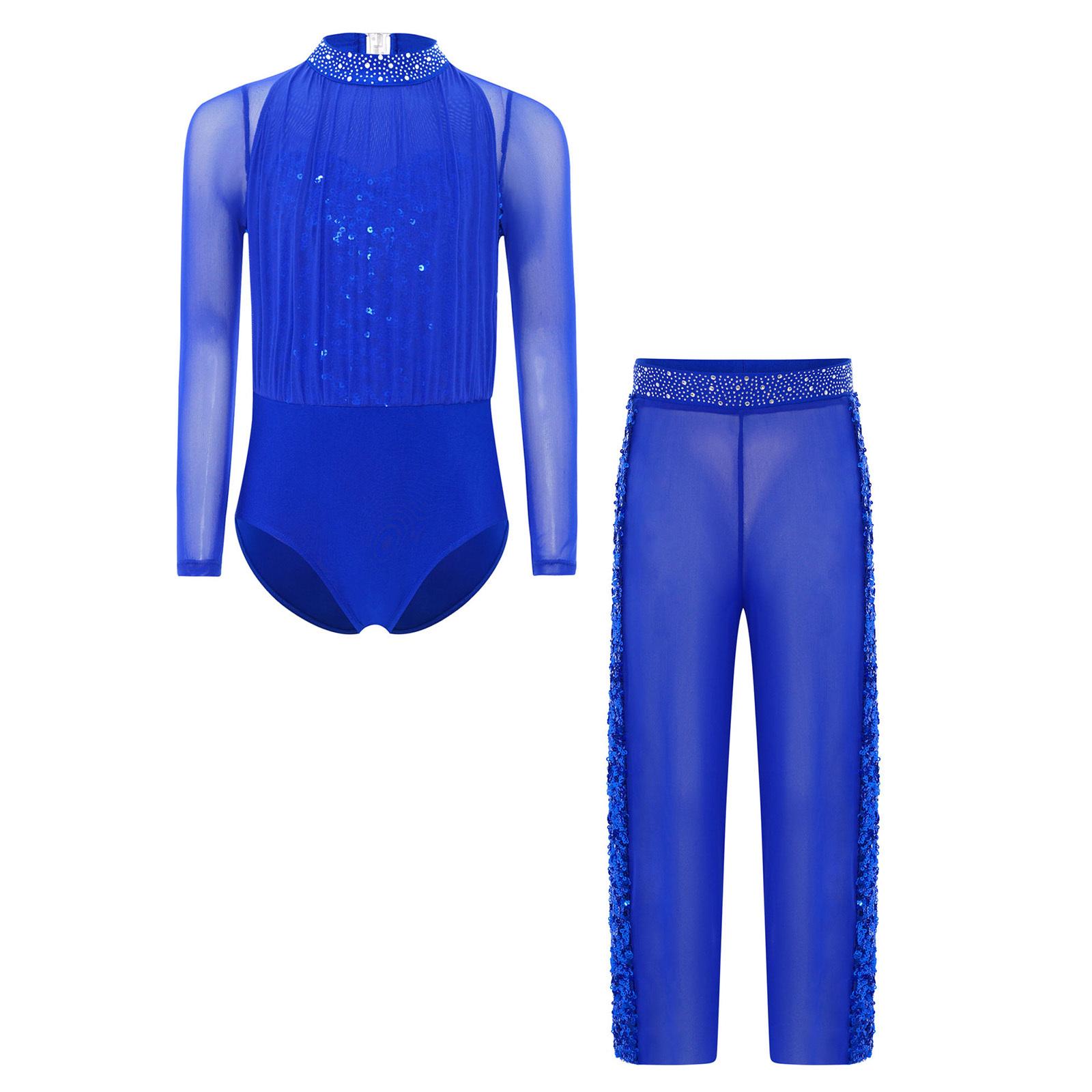 

Girls Sparkle Modern Dance Long Sleeve Sheer Mesh Leotard Rhinestones Wide Leg Pants Set 5-6 Years синій