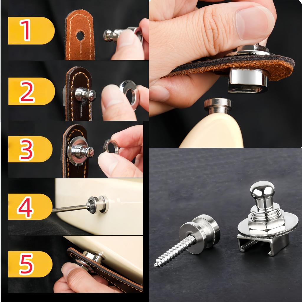 AkNebriax Set of 2 Silver Metal Guitar Strap Locks for Electric Guitars and Easy Basses. Anti-Slip, Anti-Drop, Installation. (Silver)