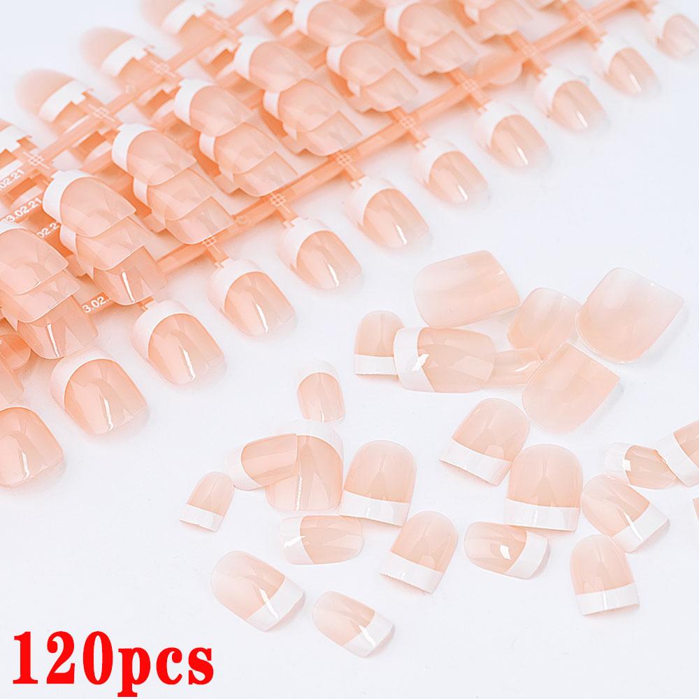 120 Pièces Ongles Press-On Carrés Courts Roses Faux Ongles Français Blanc Brillant Réutilisables Couverture Complète Pointe d'Ongle Français Rose Semi-transparente