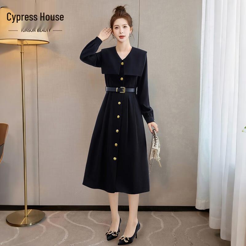 

Платье миди Sibaishe 2025 Осень Французское Хепберн Темно-синее с воротником S