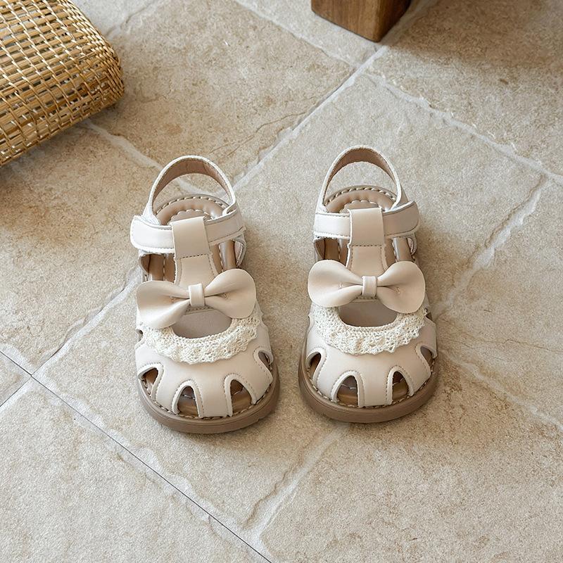 Girls Bow Lace Closed Toe Sandals Non Slip Casual Summer Shoes 21 бежевый